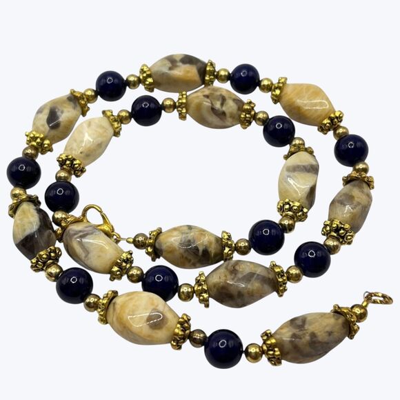 Handmade Beaded Necklace Beige Agate Stone Gold Tone Blue Beads Artisan Jewelry - Picture 8 of 8